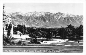 RPPC, Salt Lake City UT Utah  STATE CAPITOL GROUNDS~Wasatch Mts c1940's Postcard