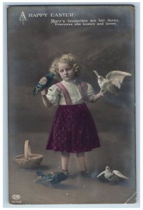 1912 Easter Little Girl Dove Pigeons Basket Studio Portrait RPPC Photo Postcard