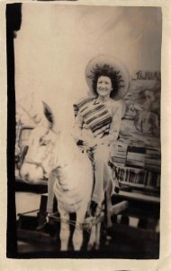 RPPC Tijuana, Mexico Tourist Sombrero Donkey c1940s Vintage Photo Postcard