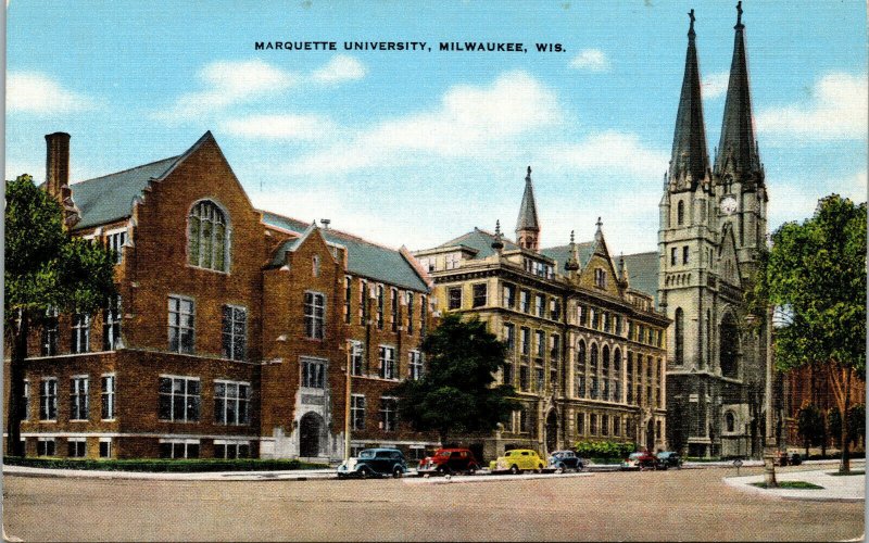 Vtg 1940's Marquette University Old Cars Milwaukee Wisconsin WI Linen Postcard