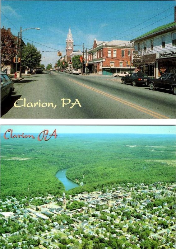 2~4X6 Postcards Clarion PA Pennsylvania MAIN STREET SCENE~First Federal & AERIAL