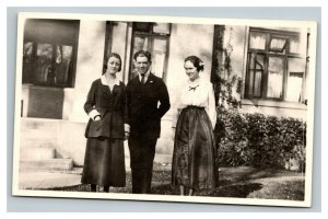 Vintage 1900's RPPC Postcard Man and Two Women in Front of a School