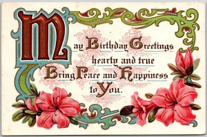 Birthday Greetings Message With Flower Design On Edge Postcard