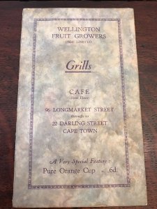 Vintage 1940's WELLINGTON FRUIT GROWERS Cafe Restaurant Menu CAPE TOWN Africa