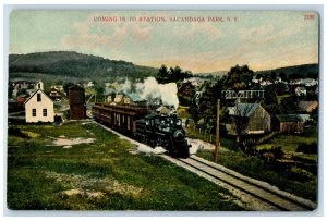 c1910 Train Locomotive, Coming In To Station Sacandaga Park New York NY Postcard 