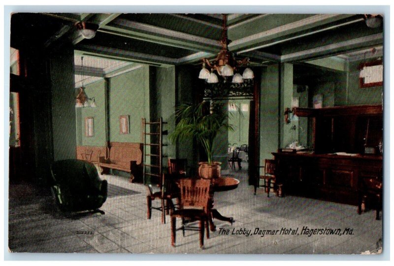 1911 Interior View Lobby Dagmar Hotel Hagerstown Maryland MD Vintage Postcard