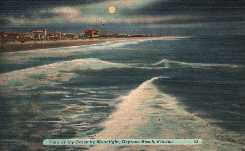 Vintage Postcard 1959 View of the Ocean By Moonlight Daytona Beach Florida Fla. 