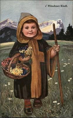 MUNCHEN GERMANY Little Boy w Cloak & Flowers MUNCHNER KIN...