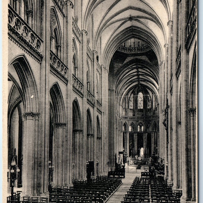 c1920s Coutances, France Cathedral La Nef Interior Gothic Arches Chairs Pew A343