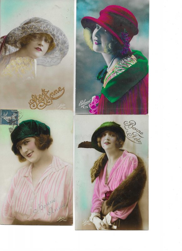 Pretty ladies. Lot of 4 Old vintageFrench romantic  postcards 1900-1920s