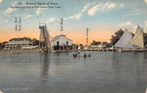 Iowa Old Camp Clear Lake Water Slide Swimming Sailboat Postcard AA62165