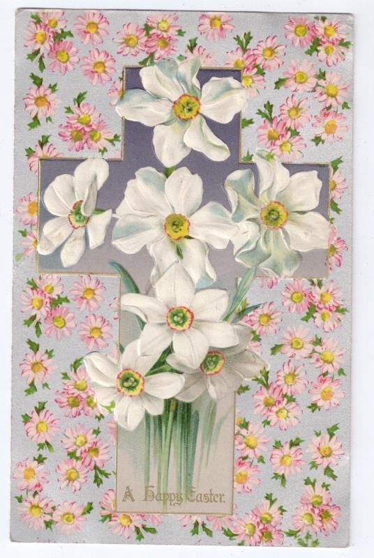 Vintage Easter Postcard Winsch Cross Embossed Narcissus Flowers Silver Gilt