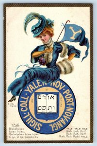 Earl Christy Signed Postcard Pretty Woman Yale Flag Waving c1910's Antique