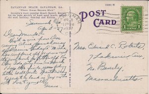 Savannah GA, Beach View w Great Old Cars, 1937 Postmark, White Border PC