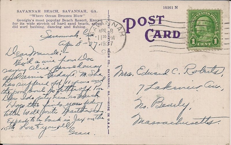 Savannah GA, Beach View w Great Old Cars, 1937 Postmark, White Border PC