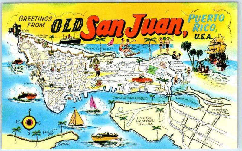 Greetings from OLD SAN JUAN, PUERTO RICO  Illustrated Map Postcard ca 1950s-60s