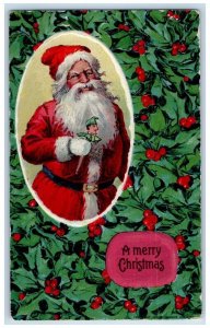 1913 Christmas Santa Claus Jester Holly Berries Embossed Antique Postcard