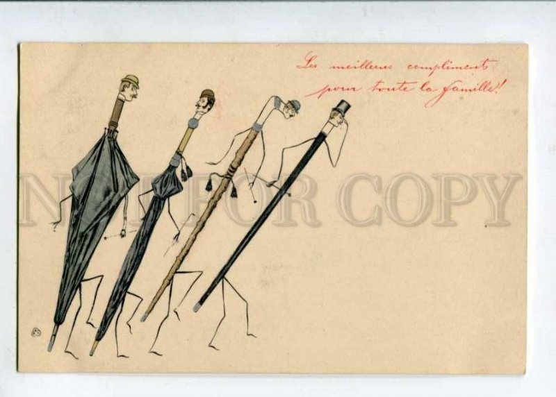 402666 UMBRELLA w/ Men's Heads Vintage Fantasy OPF Postcard