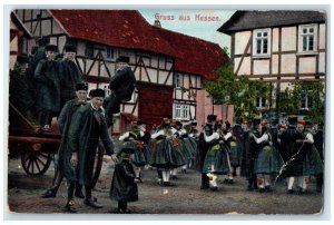 c1910 Students Dancing Greetings from Hessen Germany Posted Antique Postcard