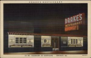 Chicago IL Drake's Restaurant Nice Linen Postcard - Neon Sign in View