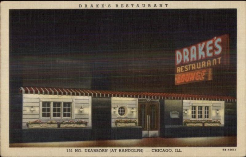 Chicago IL Drake's Restaurant Nice Linen Postcard - Neon Sign in View