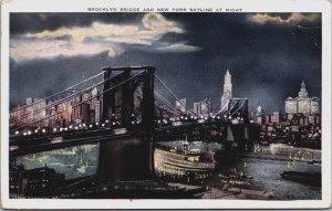 Brooklyn Bridge And New York City Skyline At Night Vintage Postcard C212
