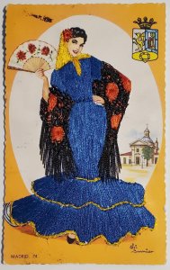 Madrid Senorita Embroidered Blue Dress And Shawl Artist Signed Elsi Postcard U24