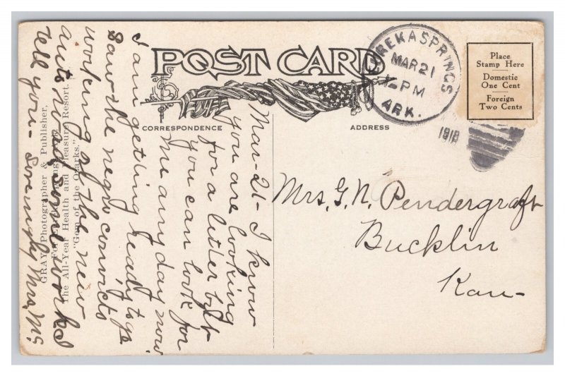 Near Eureka Springs Ark. Arkansas Sanitarium Lake Postcard c1918 Postmark