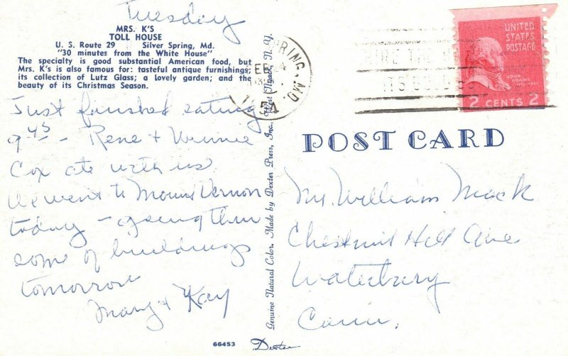 Vintage Postcard Mrs. K's toll House Restaurant Garden Silver Spring Maryland MD