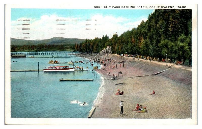 1936 City Park Bathing Beach and Water Slide, Couer d'Alene, ID Postcard *4V