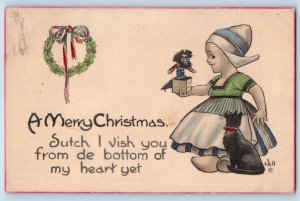 Wall Artist Signed Postcard Christmas Dutch Girl And Cat Playing Wreath Berries