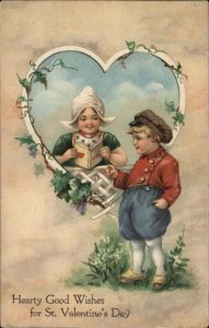 Gibson Valentine Little Dutch Boy and Girl in Heart Window Vintage Postcard