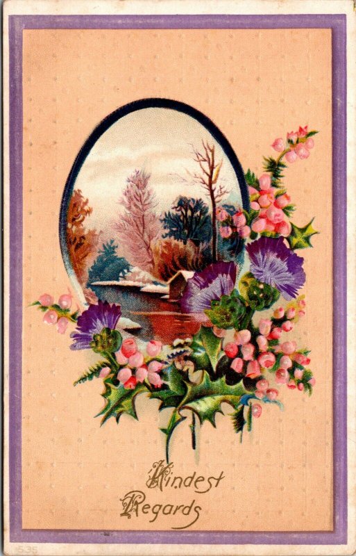 Kindest Regards - HOUSE SCENE - Purple Pansy Floral Flower vintage Postcard 