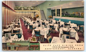 MONTGOMERY, AL Alabama ~  ELITE CAFE DINING ROOM c1940s Linen Roadside Postcard