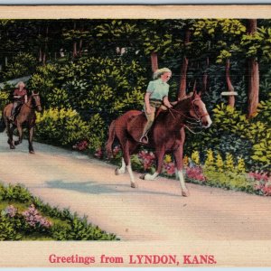 c1940s Lyndon, Kans. Greetings from KS Lovely Girl Riding Horse Linen PC A243