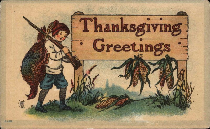 Thanksgiving Young Boy Hunter with Rifle and Dead Turkey Vintage Postcard