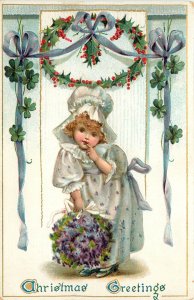 Tuck Christmas Series Postcard 505 Girl in White, Basket of Blue/Purple Flowers