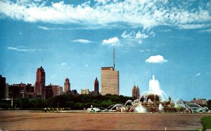 Illinois Chicago Skyline With Prudential Building and Buckingham Fountain 1958