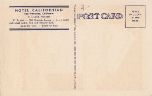 Postcard Hotel Californian San Francisco CA