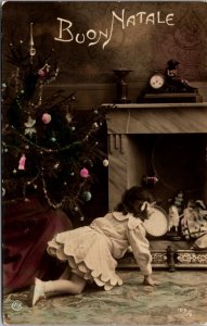 Hand Colored Real Photo Postcard Decorated Tree Little Girl Fireplace of Toys