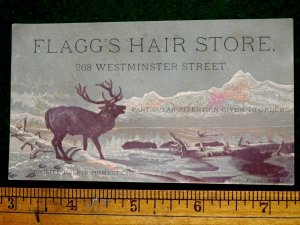 1870s-80s Flagg's Hair Store, 268 Westminster St, RI Elk Out West, Trade Card F6