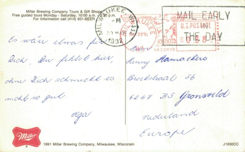 USA Miller Brewing Company Tours Milwaukee Wisconsin Vintage Postcard 08.31