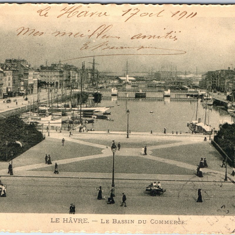 c1910s Le Havre, France Commerce Basin Harbor Ships Boats Promenade Street A355