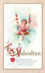 Vintage Postcard 1910 To My Valentine Greetings Beautiful Cupid Angel Swings