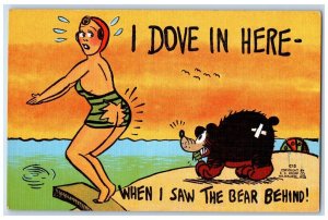 c1930's Woman Swimmer Torn Swimsuit I Dove In Here Bear Behind Vintage Postcard 