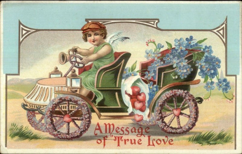 Valentine - Cupid Driving Car Filled w/ Flowers c1910 Postcard #2