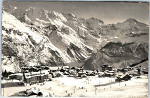 c1940s Murren, Switzerland Birds Eye RPPC Skiing Swiss Mountain Village Vtg A327