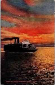 Sunset on Straits of Mackinac, Railroad Ferry MI Vintage Postcard O16
