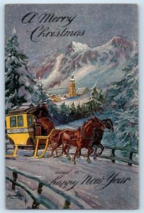Christmas Postcard Horses Sleigh Snow Winter Scene c1910's Antique Unposted