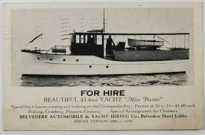 Maryland MISS HATTIE Yacht for Hire Along The Chesapeake Bay 1930s Postcard Q5